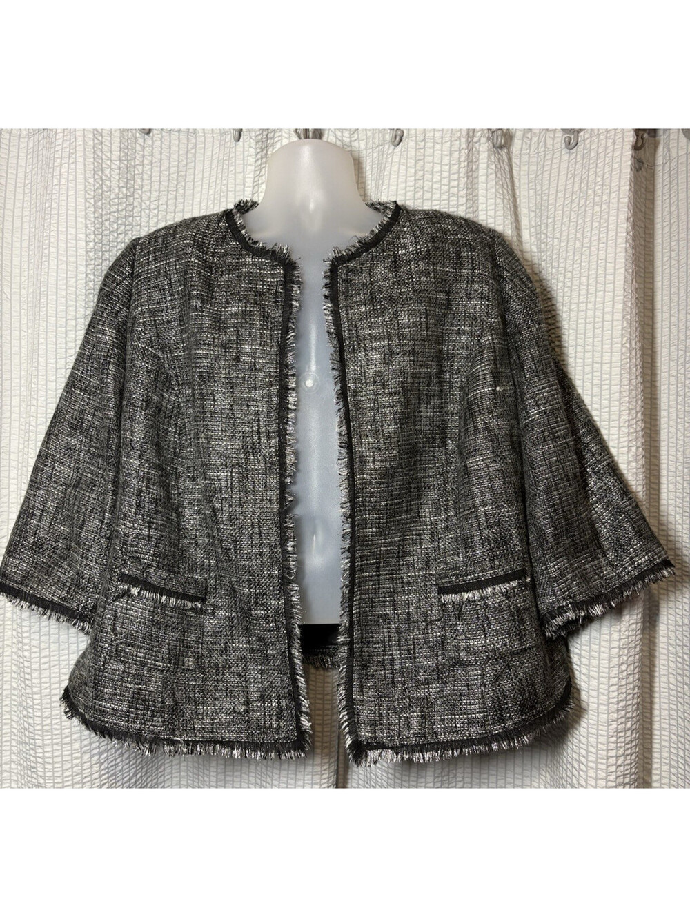 Lane Bryant Women's 22 Black Gray Metallic Tweed Fringe Open Front Jacket Blazer